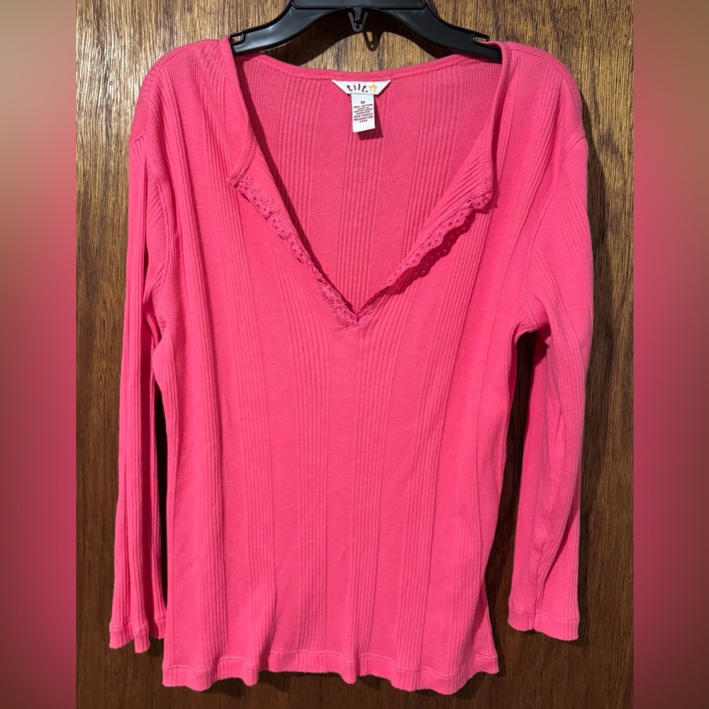 Women's Tilt Hot Pink V-Neck Baby Tee w Lace Trim Vintage PacSun ~ Medium